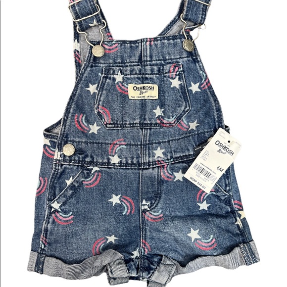 OshKosh Toddler VestBak Denim Overalls Shorts 6M Shooting Stars Rainbow NWT (C4)